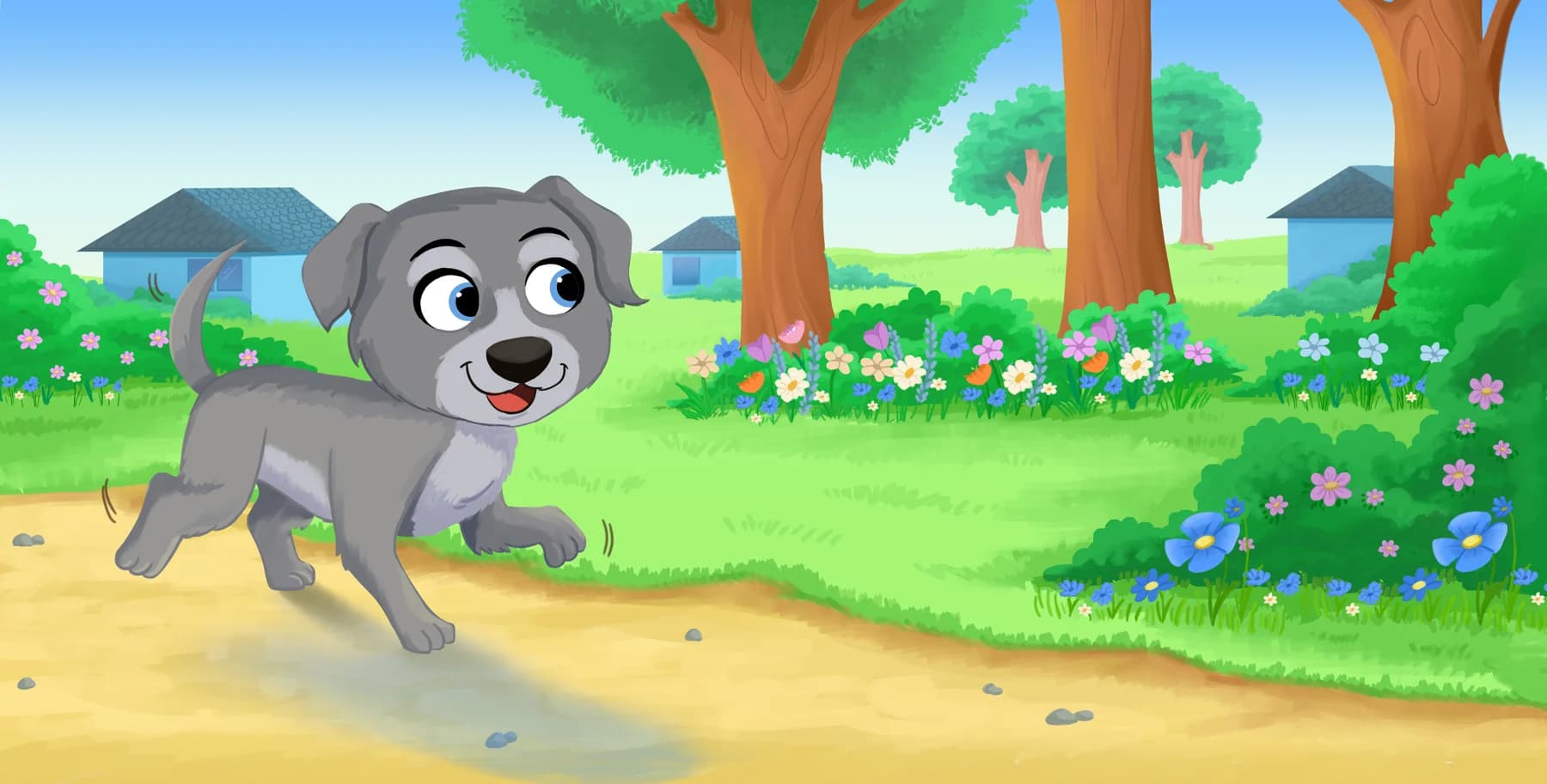 Gunner prances down a sunny path through trees and a meadow of flowers.